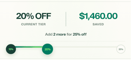 The bundle builder mid-selection, showing four items added, the active 20%-off tier highlighted, and the "add one more to unlock 25% off" prompt.
